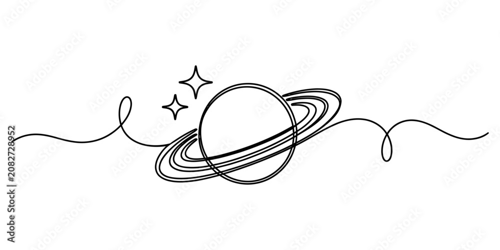 Obraz premium Continuous single line drawing of a planet with rings and stars