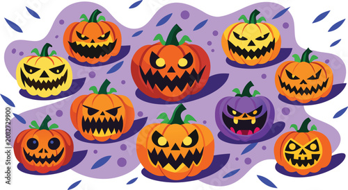 Group of spooky scary jack o lantern pumpkins for halloween celebration pattern design