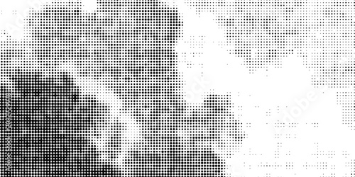 Grunge halftone overlay resembling cloud pattern. Black dot texture on white background. Vector asset for banner, template design.