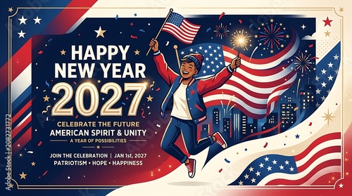 Happy new year 2027 celebrate the future American spirit and unity a year of possibilities with patriotism, hope, and happiness.