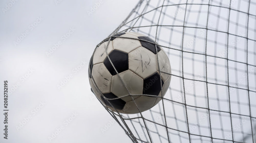 Naklejka premium The classic and emotional moment of a football match is a soccer ball that flew straight into the goal net. A photo with a place for the text.