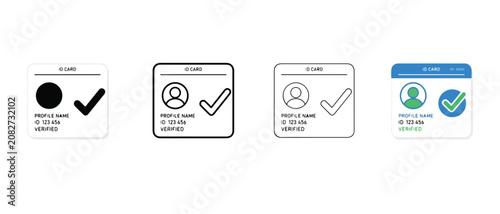 Verified id card icons with profile name and id number on white background  various verification symbols