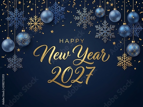 Happy new year 2027 greeting with snowflakes and Christmas ornaments on dark blue background.