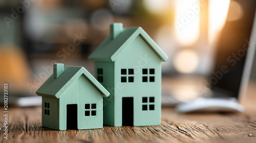 Tiny Homes, Big Dreams: Two miniature mint green houses sit side by side on a wooden desk, representing the aspirations of homeownership and real estate investment in a modern world.