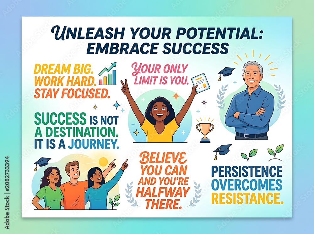 Naklejka premium Motivational poster with diverse team and success quotes.