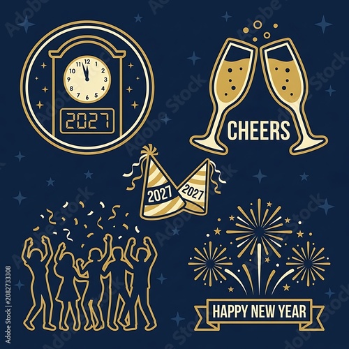 Set of decorative new year 2027 badges with clocks fireworks and party hats.
