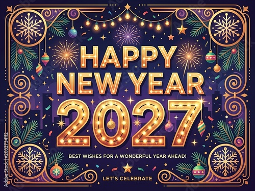 Golden happy new year 2027 typography with snowflakes and fireworks background for greeting cards.