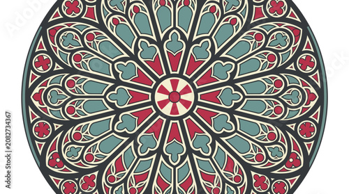 Circular stained glass rose window with intricate gothic floral pattern.