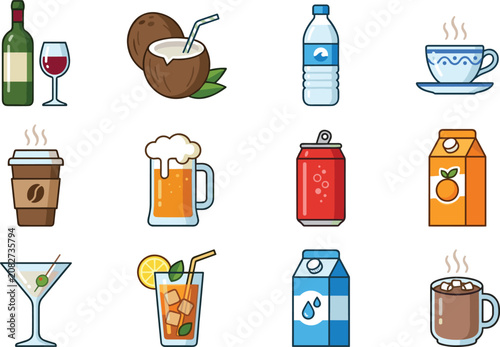Flat Line Beverage and Drink Vector Icon Set with Wine, Coffee, Beer, Juice, Soda, Water, and Cocktail Elements for Restaurant Menu Branding Layouts