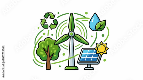 Clean energy sources and environmental protection icons in cartoon style