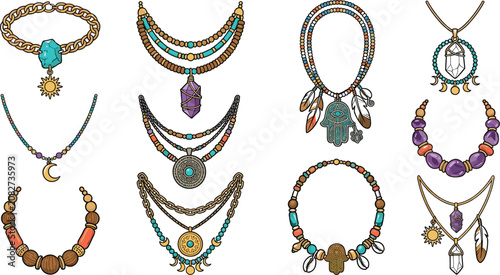 Bohemian Style Jewelry Necklace Vector Icon Set with Quartz Crystals, Turquoise Beads, Hamsa Hand, Moon, and Feather Amulets for Fashion Design Layouts