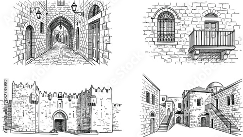 Hand Drawn Old City Jerusalem Architecture Vector Illustration Set with Ancient Stone Walls, Arched Alleyway, Balcony, Fortress Gate, and Historic Courtyard Landscapes