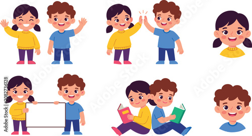 Cute Cartoon Boy and Girl Character Illustration Set with Kids Waving High Fiving Holding Blank Banner and Reading Books for School Education Designs