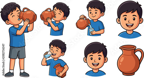 Cute Cartoon Boy Drinking and Pouring Water from an Earthen Clay Jug Vector Illustration Set for Kids Health and Hydration Awareness Graphic Designs