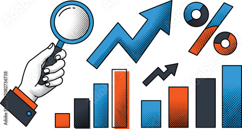 Business Market Data Analysis Vector Illustration with Retro Halftone Texture Hand Holding Magnifying Glass Upward Arrow Growth Chart and Percentage Financial Icons