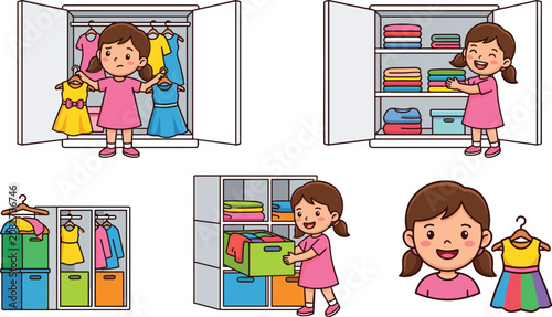 Cute Cartoon Girl Organizing Wardrobe and Folding Clothes Vector Character Illustration Set for Kids Lifestyle Education Materials and Home Organization Designs