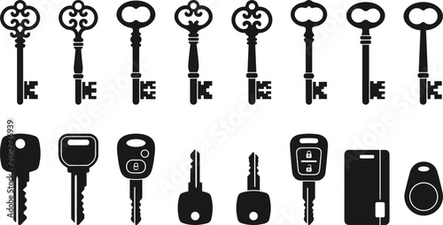 Slika na platnu Vintage and Modern Key Silhouette Vector Set with Antique Skeleton Keys Car Remo