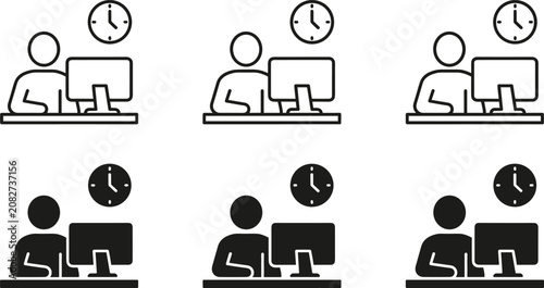Office Worker at Desk Icon Set in Line Art and Glyph Style Showing Employee Working on Computer with Clock for Productivity and Time Management Vectors