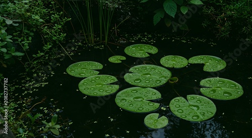 Calm Pond with Green Lily Pads Surrounded by Lush Vegetation in Natural Setting