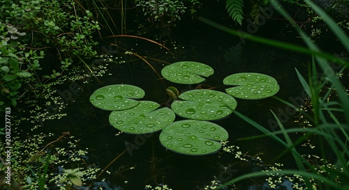 Serene Pond with Green Water Lilies and Surrounding Foliage in Natural Setting
