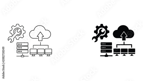 Cloud server maintenance and infrastructure optimization concept featuring gear wrench and data synchronization icons in professional flat vector style for enterprise IT and cloud management solutions