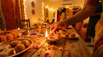 Blurred living room in modern apartment background with colorful rangoli design and bright fairy lights during deepavali.