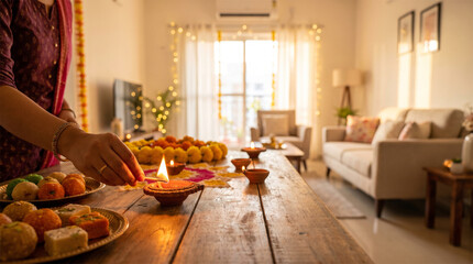 Blurred living room in modern apartment background with colorful rangoli design and bright fairy lights during deepavali.