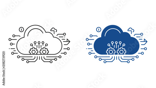 Cloud computing system optimization icon set featuring cloud with internal gears and circuit board pattern for cloud maintenance and system performance tuning and automated digital infrastructure