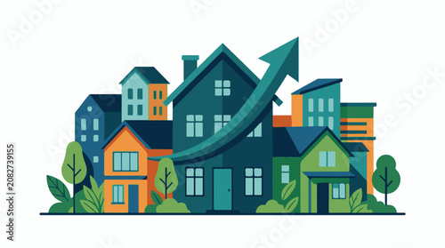 Colorful houses and buildings ascend upwards on a green growth arrow