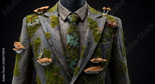 Wooden Suit Jacket Covered in Green Moss and Brown Mushrooms on Black Background