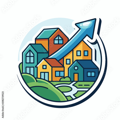 Colorful houses with an upward arrow indicating growth within a circle