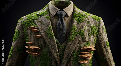 Headless Wooden Suit with Green Moss and Wooden Hands on Chest in Dark Background