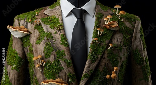Tree Trunk Suit with Green Moss and Mushrooms on Branches in Dark Background