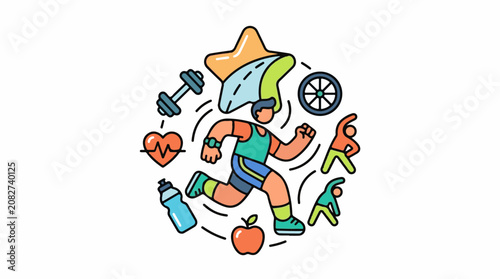 Colorful icons of fitness and healthy lifestyle elements arranged in a circle