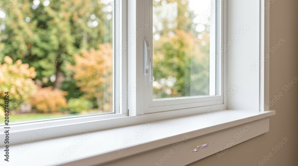 Fototapeta premium Newly installed double-pane window with a clean white sill and outdoor foliage view.