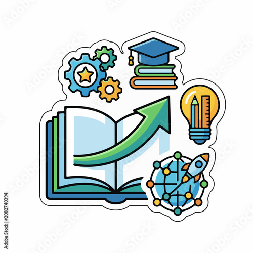 Colorful icons representing knowledge growth and innovation with a rocket