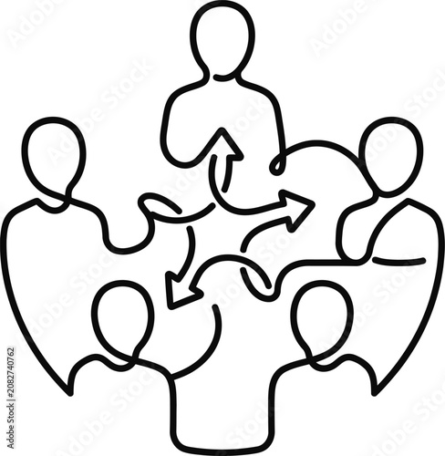 Continuous line drawing of a group of people connected with arrows representing teamwork and communication.
