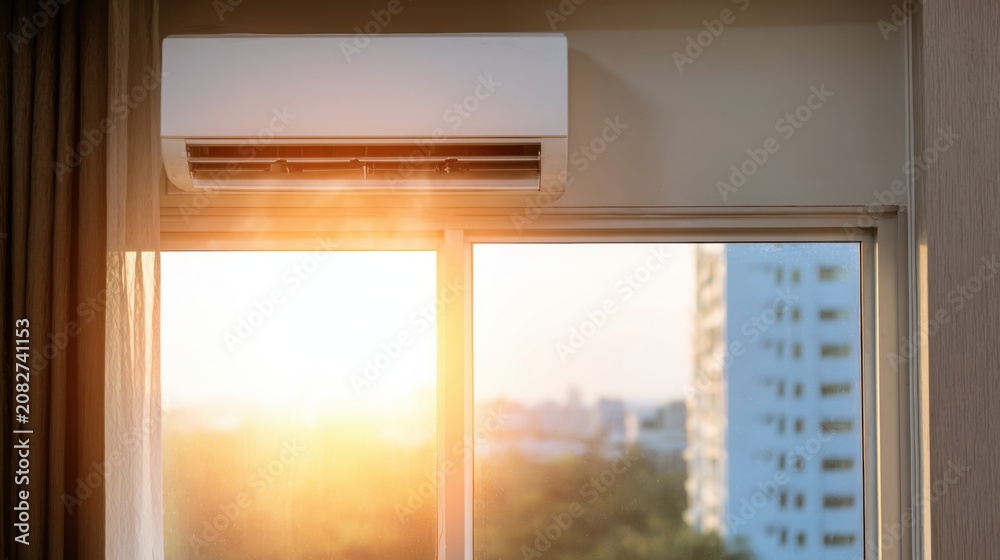 Fototapeta premium air conditioner blowing cold air inside modern apartment, contrast with hot sun outside window, cozy survival concept