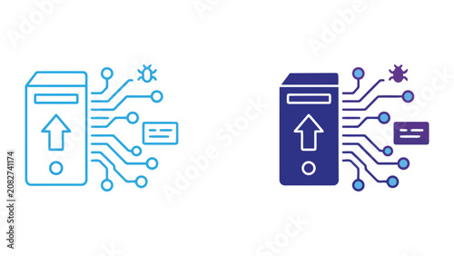Computer server tower with circuit board network lines and digital bug icon representing malware security threats and system vulnerability analysis in flat vector graphic style