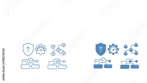 Data management icons including security shield speed gauge and network structure blocks representing infrastructure performance and data security in flat vector graphic style