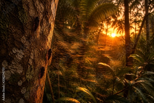 Dense tropical rainforest at dusk with cicada silhouettes.