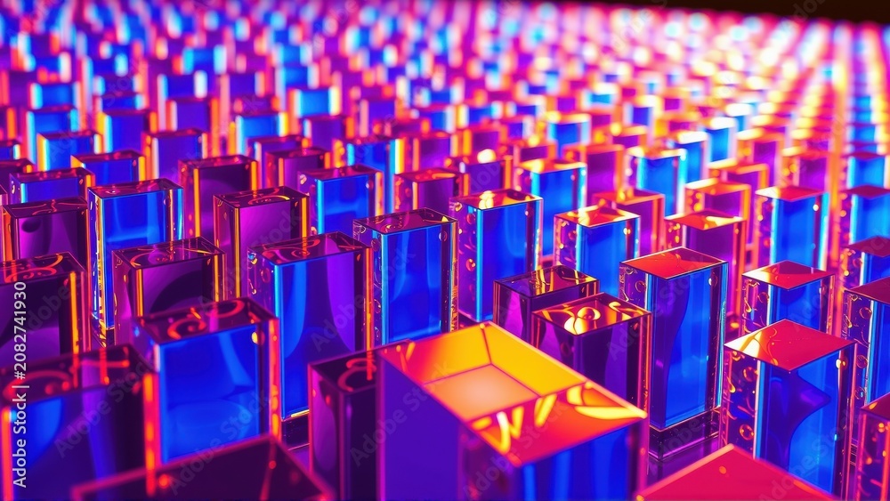 Obraz premium Vibrant rectangular prisms extend into darkness. Neon hues dominate, creating futuristic, immersive visual experience. Light reflects, refracts.