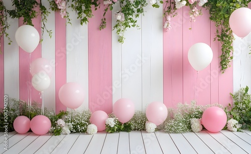 Sweet baby shower photography background with floral decorations. Mockup background for party invitations and event banners