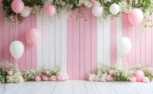 Sweet baby shower photography background with floral decorations. 
