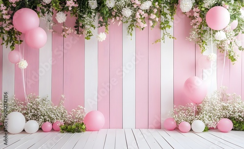 Festive vertical striped wooden wall with balloons and flowers. Mockup background for party invitations and event banners