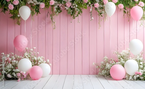 Festive vertical striped wooden wall with balloons and flowers. 
