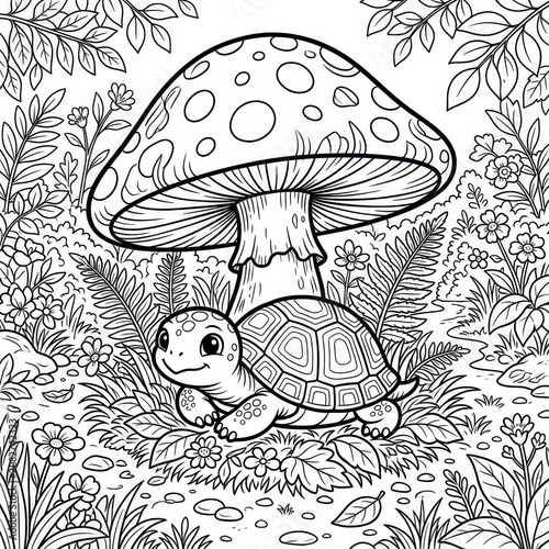 Cute turtle under a mushroom coloring page