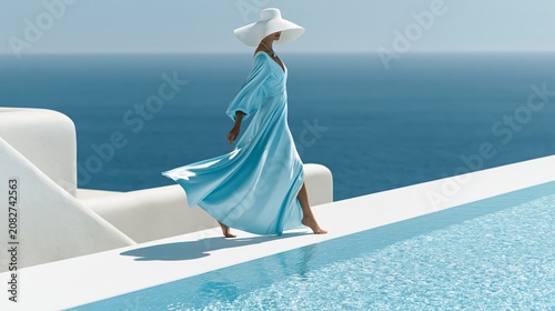 Elegant woman walking beside luxury infinity pool overlooking the Aegean Sea, wearing flowing blue resort dress and white sun hat, premium Mediterranean travel, fashion and hospitality advertising con