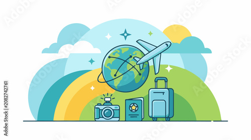 Colorful illustration of a plane flying around the globe with travel accessories