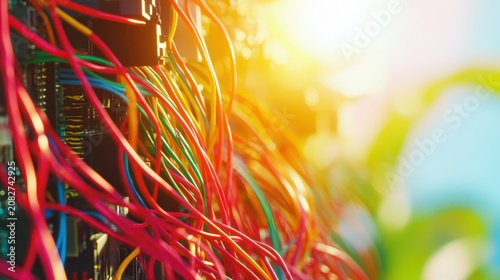 A tangled mass of colorful electronic wires and cables illuminated by bright sunlight in a tech salvage yard